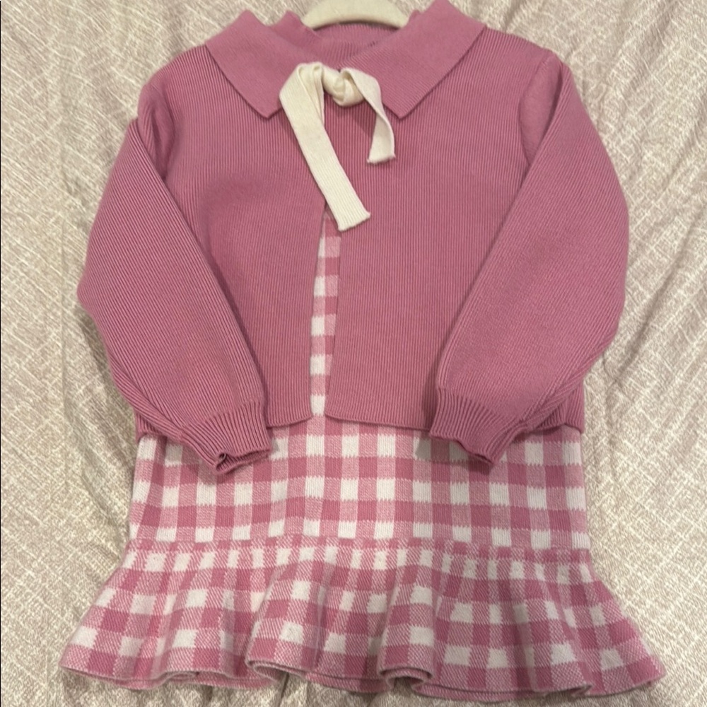 Charming Pink Plaid Kids Dress with Bow